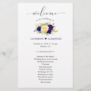 Watercolor Navy Blue Yellow Floral Wedding Program