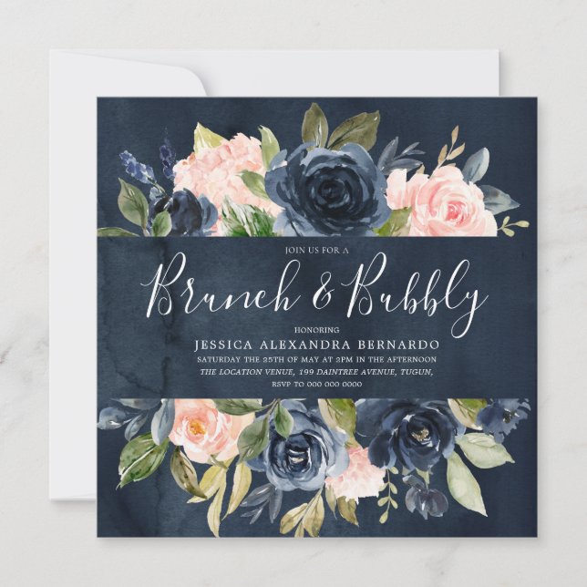 Watercolor Navy Blush Bridal Shower Brunch Bubbly Invitation (Front)