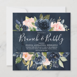 Watercolor Navy Blush Bridal Shower Brunch Bubbly Invitation