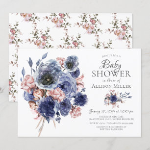 Watercolor Navy Blush Floral Baby Shower Invitation