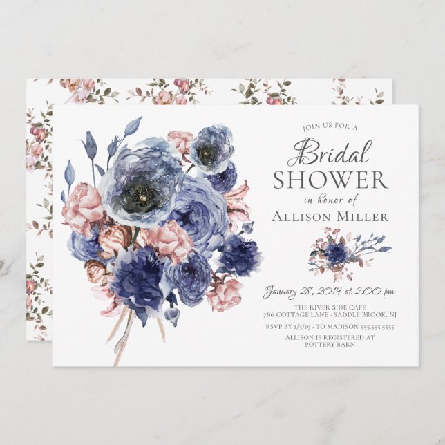 Watercolor Navy Blush Floral Bridal Shower Invitation (Front/Back)