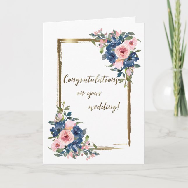 Watercolor Navy & Blush Wedding Card (Front)