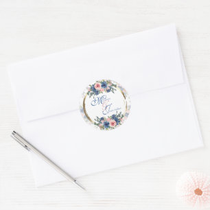 Watercolor Navy & Blush Wedding Classic Round Sticker