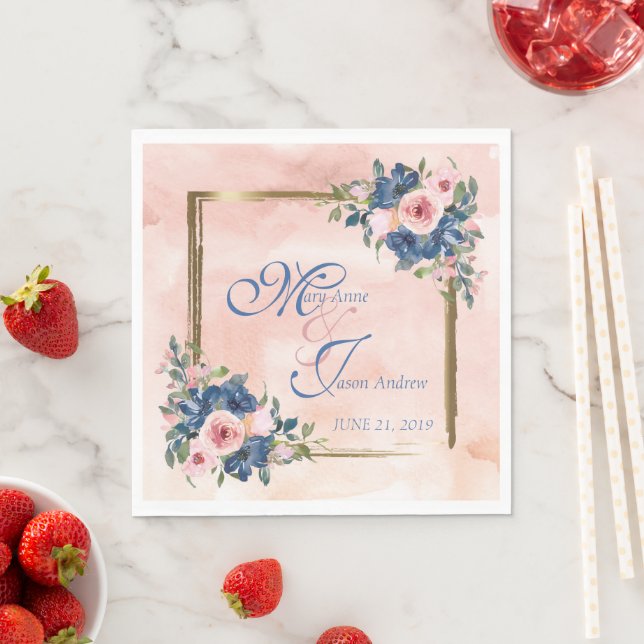 Watercolor Navy & Blush Wedding Napkin (Insitu)