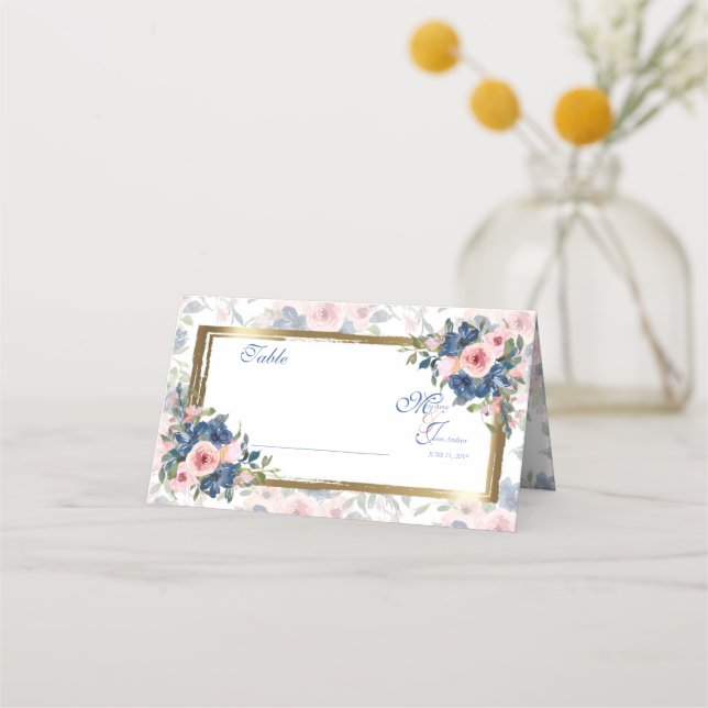 Watercolor Navy & Blush Wedding Place Card (Front)