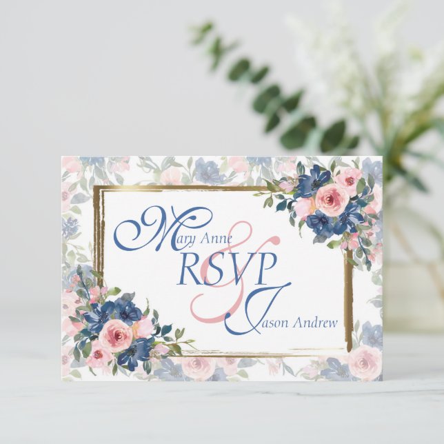Watercolor Navy & Blush Wedding RSVP Card (Standing Front)