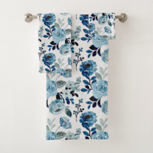 Watercolor Navy Botanical Bath Towel Set