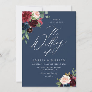 watercolor navy, burgundy & blush wedding invitation