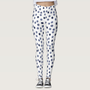 Watercolor navy circles polka dot hand drawn on wh leggings