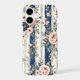 Watercolor Navy Floral Stripe Pattern Design