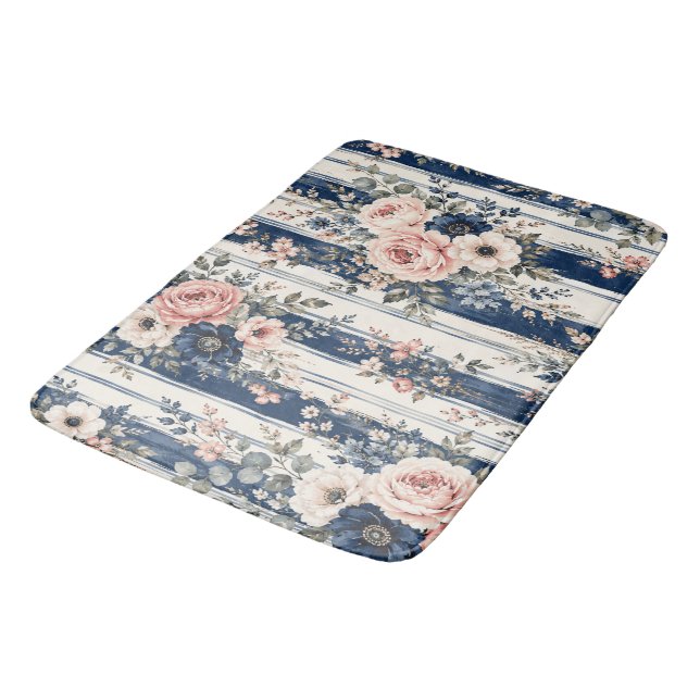Watercolor Navy Floral Stripe Pattern Design Bath Mat (Angled)