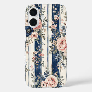 Watercolor Navy Floral Stripe Pattern Design iPhone 16 Case