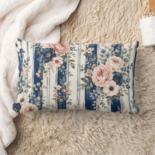 Watercolor Navy Floral Stripe Pattern Design Lumbar Cushion