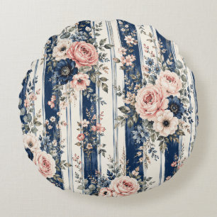 Watercolor Navy Floral Stripe Pattern Design Round Cushion