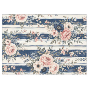 Watercolor Navy Floral Stripe Pattern Design Tablecloth