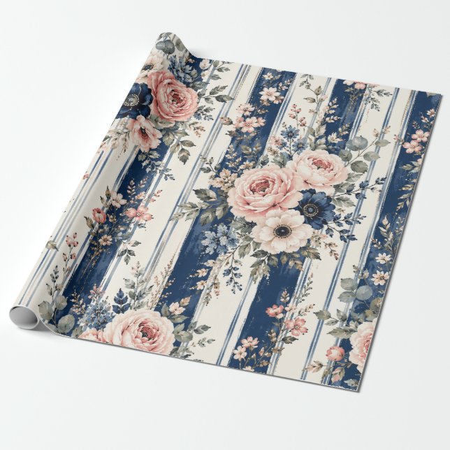 Watercolor Navy Floral Stripe Pattern Design Wrapping Paper (Unrolled)