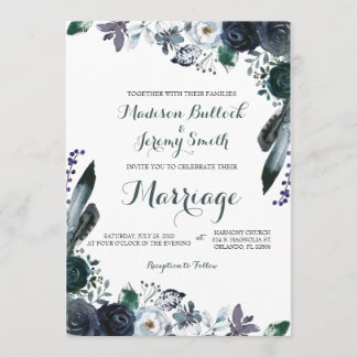 Watercolor Navy Floral Wedding Invitation