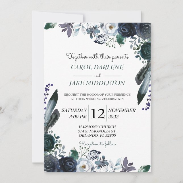 Watercolor Navy Floral Wedding Invitation (Front)