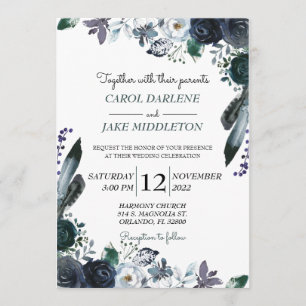 Watercolor Navy Floral Wedding Invitation
