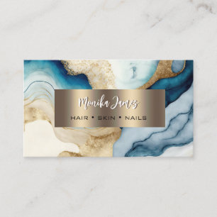 Watercolor Navy Gold Agate Gold Brushed Metal Business Card