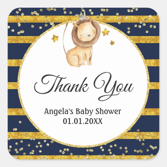 Watercolor Navy Gold Lion Thank You Card Square Sticker (Front)