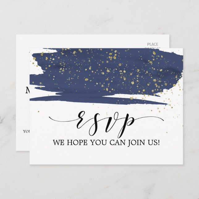 Watercolor Navy & Gold Song Request RSVP Postcard (Front/Back)