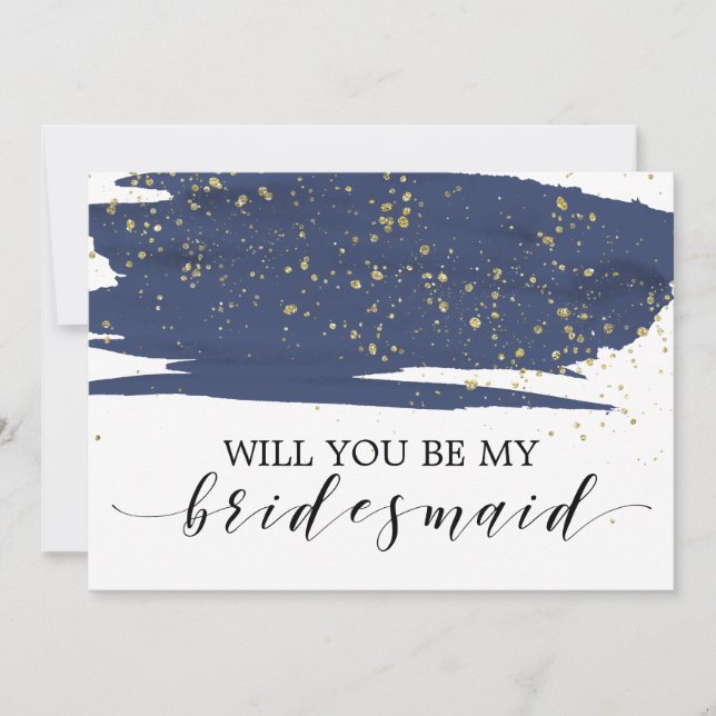 Watercolor Navy & Gold Will You Be My Bridesmaid Invitation (Front)