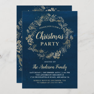 Watercolor Navy Gold Wreath Christmas Party Invitation