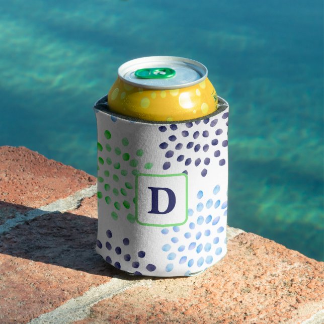 Watercolor Navy Green Blue Mum Flower Monogram Can Cooler (In Situ Pool)