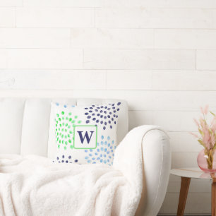 Watercolor Navy Green Blue Mum Flower Monogram Cushion