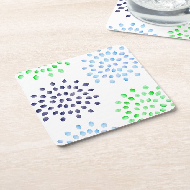 Watercolor Navy Green Light Blue Flower Square Paper Coaster (Angled)