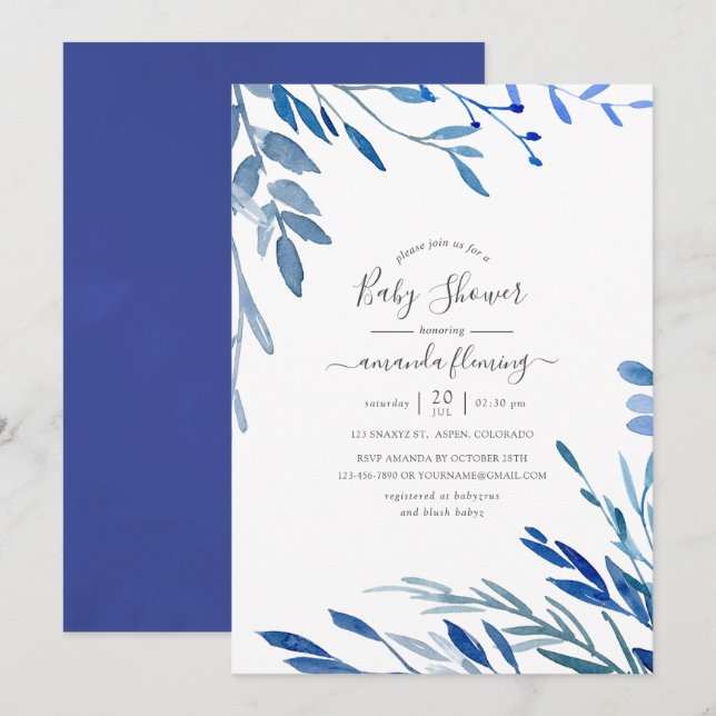 Watercolor Navy Indigo Leaves Baby Shower Invitation (Front/Back)