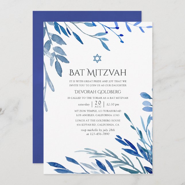 Watercolor Navy Indigo Leaves Bat Mitzvah Invitation (Front/Back)