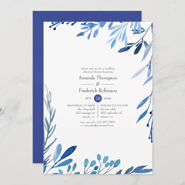 Watercolor Navy Indigo Leaves Rehearsal Dinner Invitation (Front/Back)