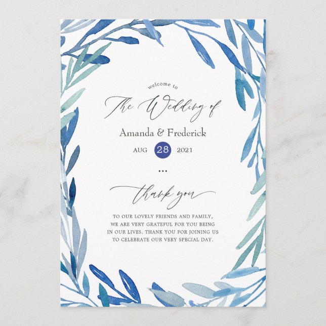 Watercolor Navy Indigo Leaves Wedding Program (Front)