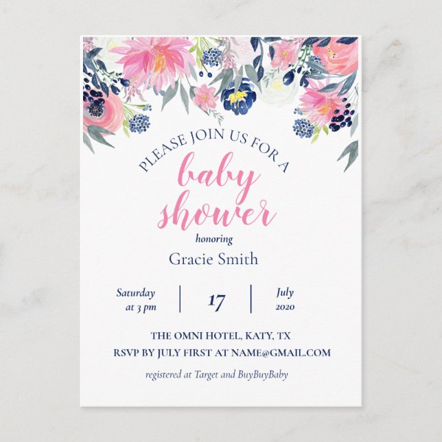 Watercolor Navy &Pink Floral Baby Shower Postcard (Front)
