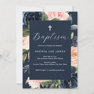 Watercolor Navy Pink Peach Florals Baptism Invitation