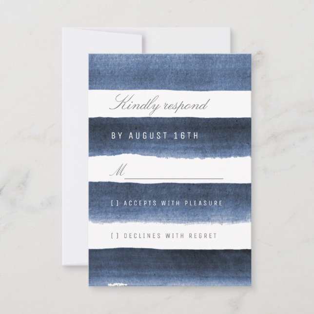 Watercolor navy stripes nautical wedding RSVP Card (Front)
