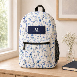 Watercolor Navy Wildflowers Custom Monogram Name Printed Backpack