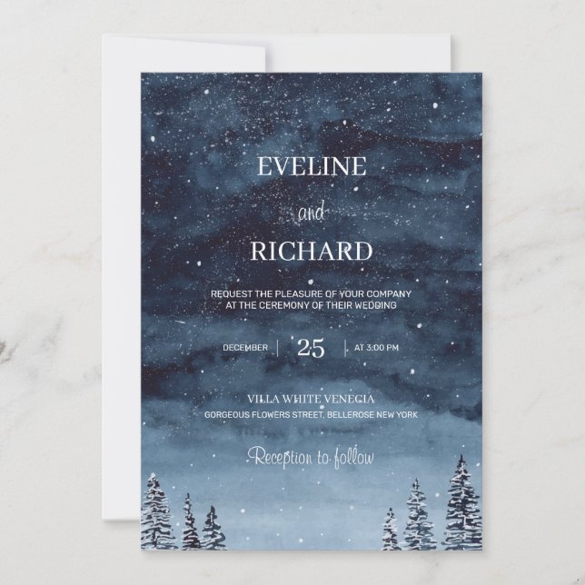Watercolor navy winter forest snow wedding invitation (Front)