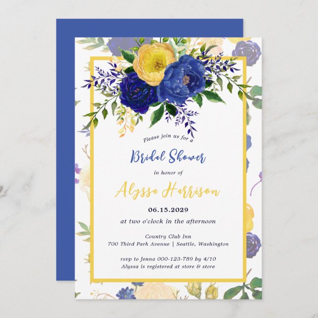 Watercolor Navy Yellowish Gold Floral Bridal Invitation (Front/Back)
