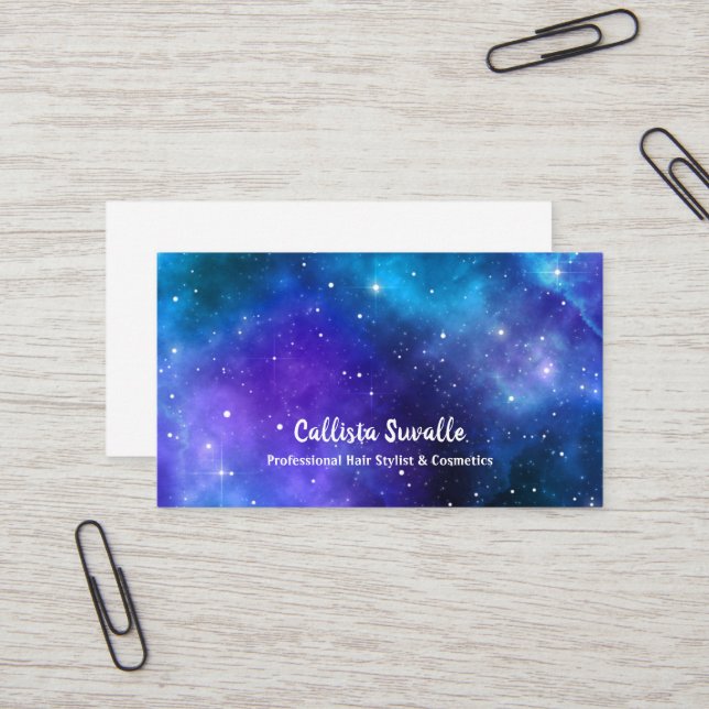 Watercolor Nebula Blue and Purple Galaxy Template Business Card (Front/Back In Situ)
