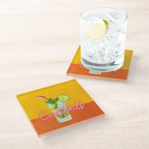 Watercolor & Neon Cocktails Bar Art   Glass Coaster