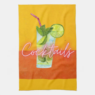 Watercolor & Neon Cocktails Bar Art  Tea Towel
