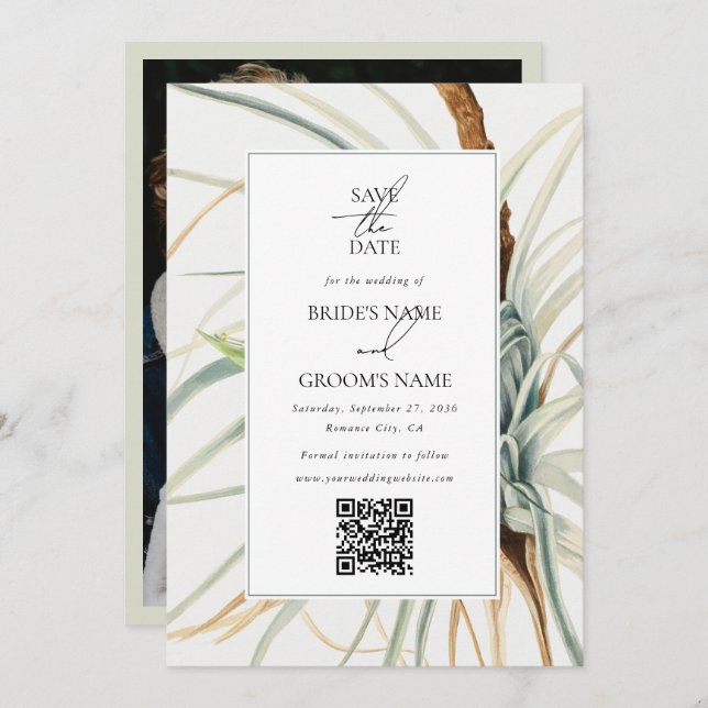 Watercolor Neutral Boho Botanical Photo Wedding Save The Date (Front/Back)