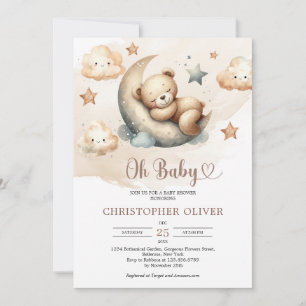 Watercolor neutral colours teddy bear over the moo invitation