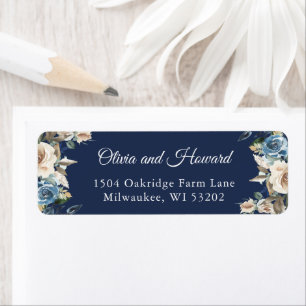 Watercolor Neutral Floral Navy Blue Return Address Label