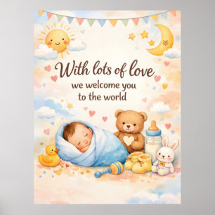 Watercolor New Baby Welcome Greeting with Teddy Poster