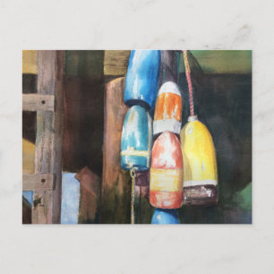 Watercolor New England Lobster Buoy Seascape Invitation Postcard