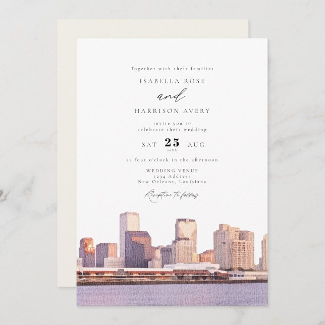 Watercolor New Orleans Louisiana Skyline Wedding Invitation (Front/Back)